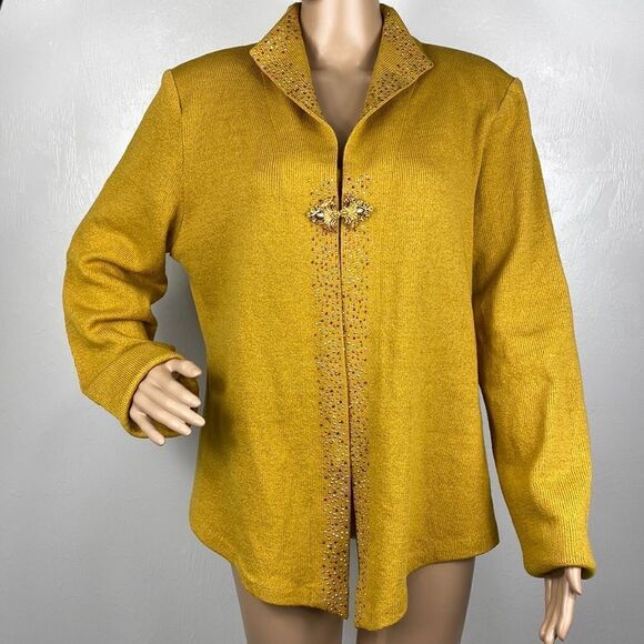 Midnight Velvet Mustard color wool blend beaded cardigan sweater size 16 W - Picture 1 of 11